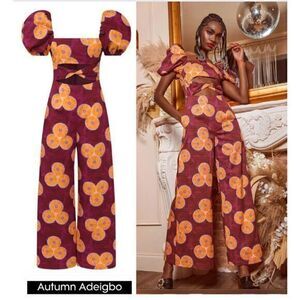 Autumn Adeigbo Nicole Size 4 Jumpsuit Puff Sleeved Wide Leg‎ Burgundy Gold